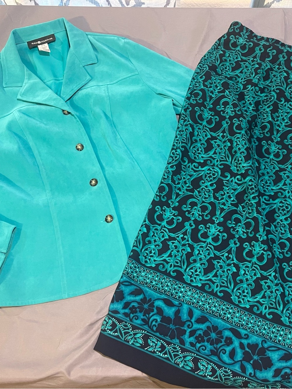 Sag Harbor Teal Turquoise Blazer with Teal Patterned Skirt